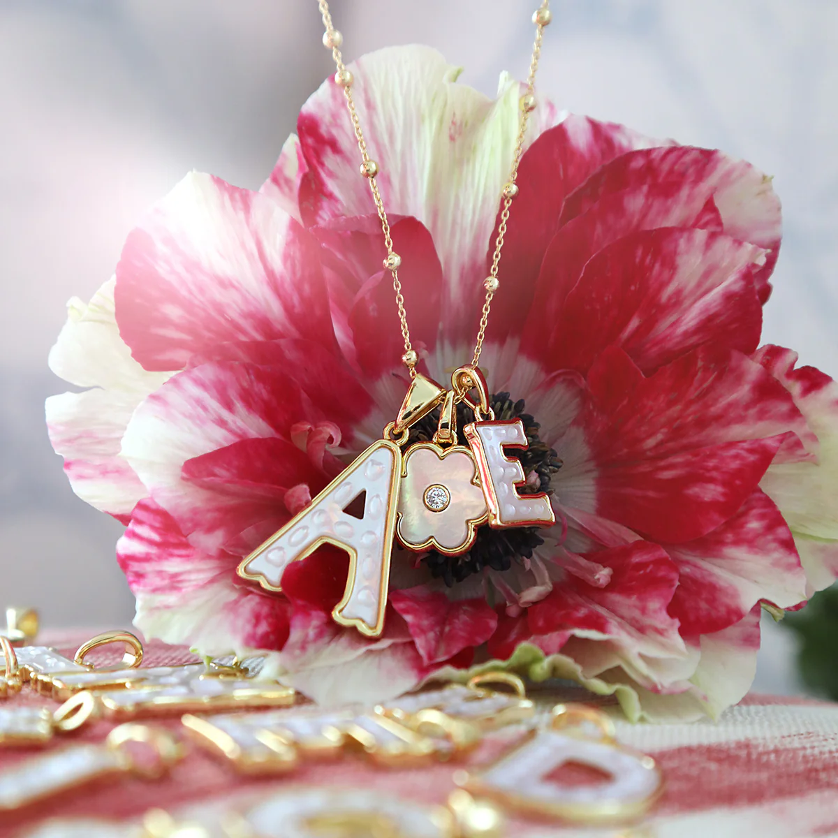 Mini Letter Charm + Petal Charm (Mother of Pearl) - Image 3