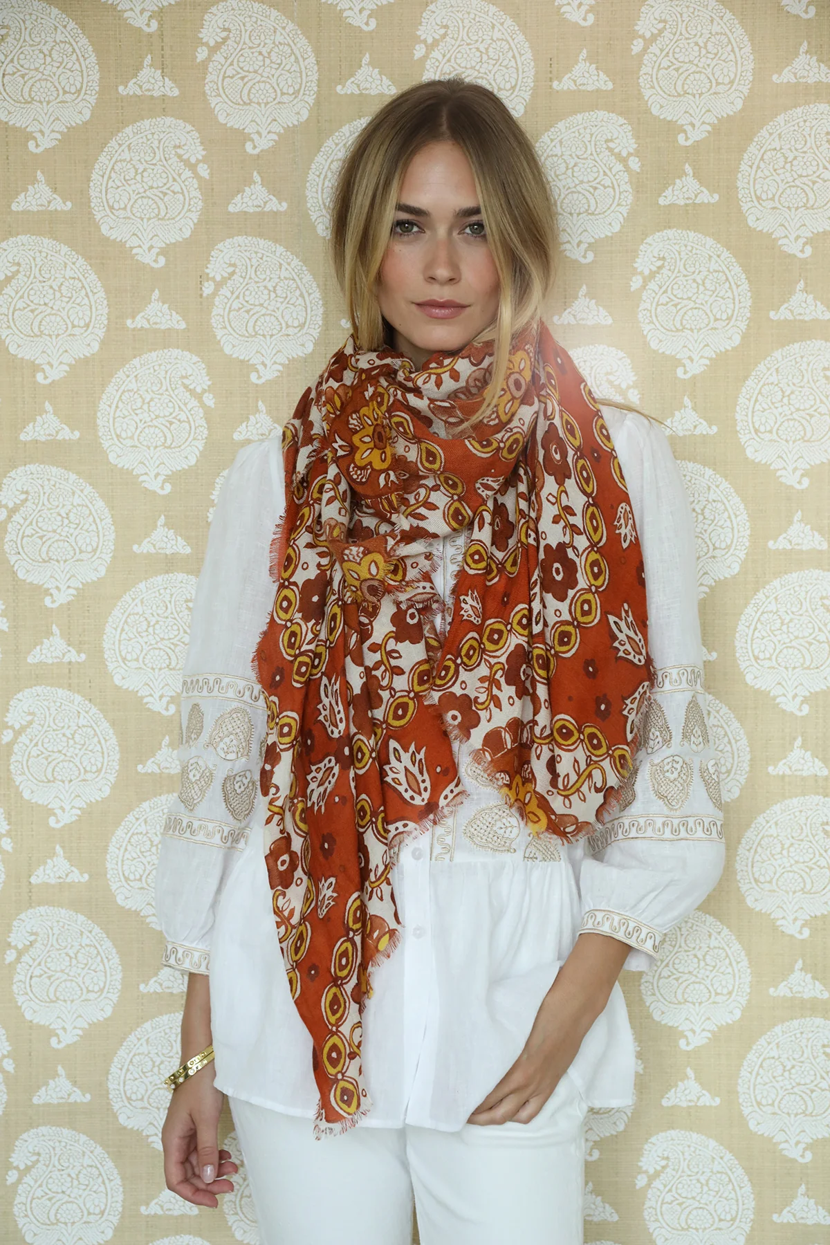 Rust Flower Medallion Scarf - Image 2