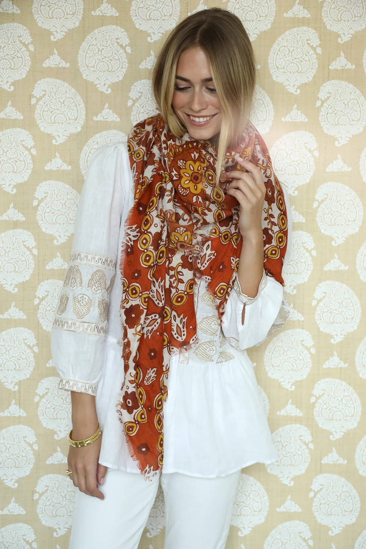 Rust Flower Medallion Scarf - Image 3